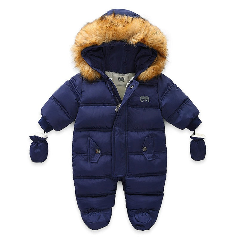 Kids Baby Winter Jumpsuit Fur Hood Snowsuit Ovealls Thick Rompers with Gloves