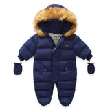 Kids Baby Winter Jumpsuit Fur Hood Snowsuit Ovealls Thick Rompers with Gloves
