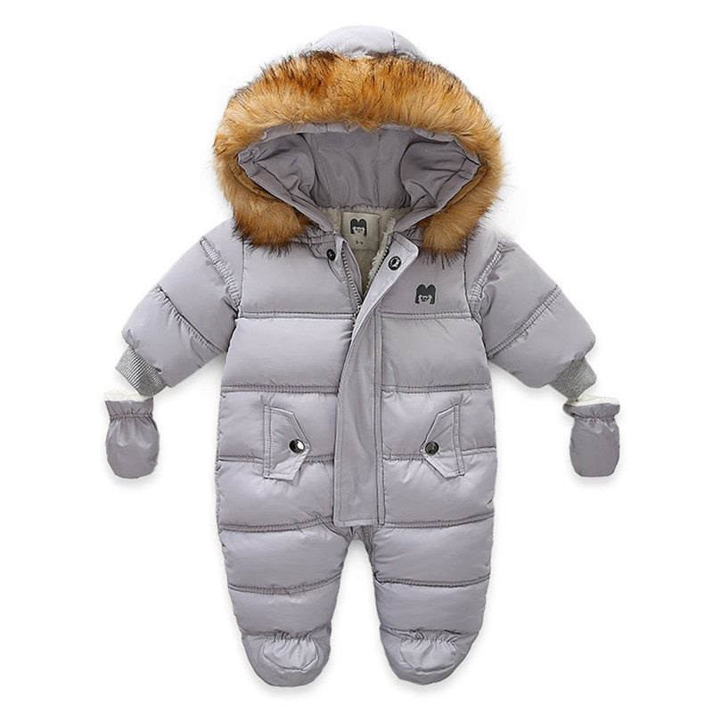 Kids Baby Winter Jumpsuit Fur Hood Snowsuit Ovealls Thick Rompers with Gloves