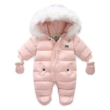 Kids Baby Winter Jumpsuit Fur Hood Snowsuit Ovealls Thick Rompers with Gloves