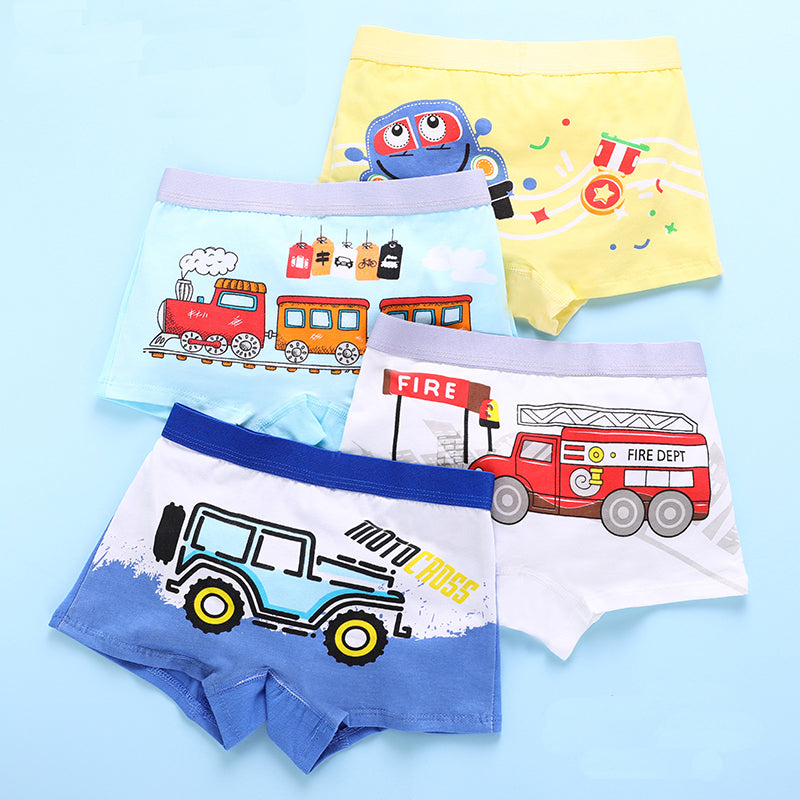 Kids Boy Cute Cartoon Print Underwear Train Car Print Comfortable Shorts 4 Pieces/lot