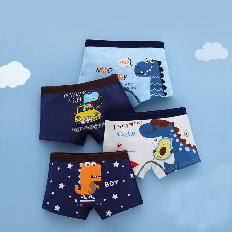 Kids Boy Cute Cartoon Print Underwear Train Car Print Comfortable Shorts 4 Pieces/lot