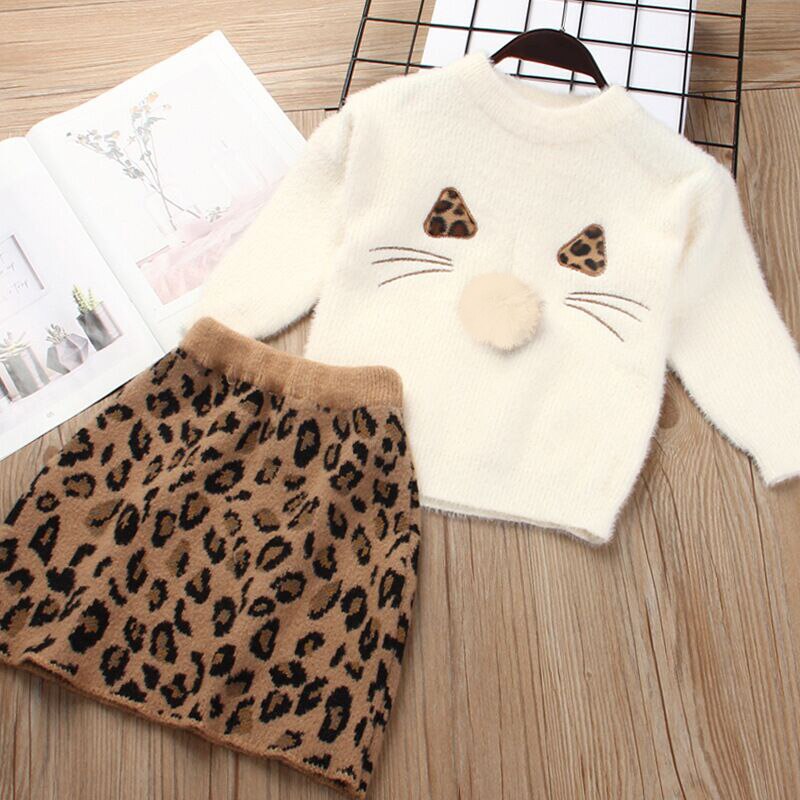 Kid Baby Girls Christmas Winter Dress Wools Warm Leopard Sets  2-5 Years