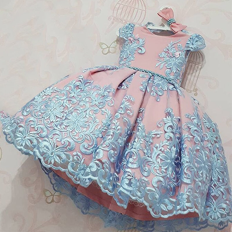 Kids Girl Princess Dress Birthday Party Wedding Gown Elegant Exquisite Lace Design With Big Bow - honeylives