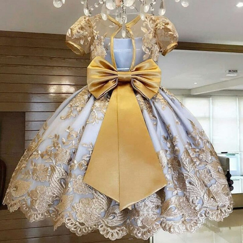 Kids Girl Princess Dress Birthday Party Wedding Gown Elegant Exquisite Lace Design With Big Bow - honeylives