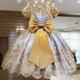 Kids Girl Princess Dress Birthday Party Wedding Gown Elegant Exquisite Lace Design With Big Bow - honeylives