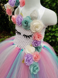 Cute Baby Unicorn Flower Tutu Pastel Tulle Dress with Hairbow Kids Birthday Party Costume - honeylives