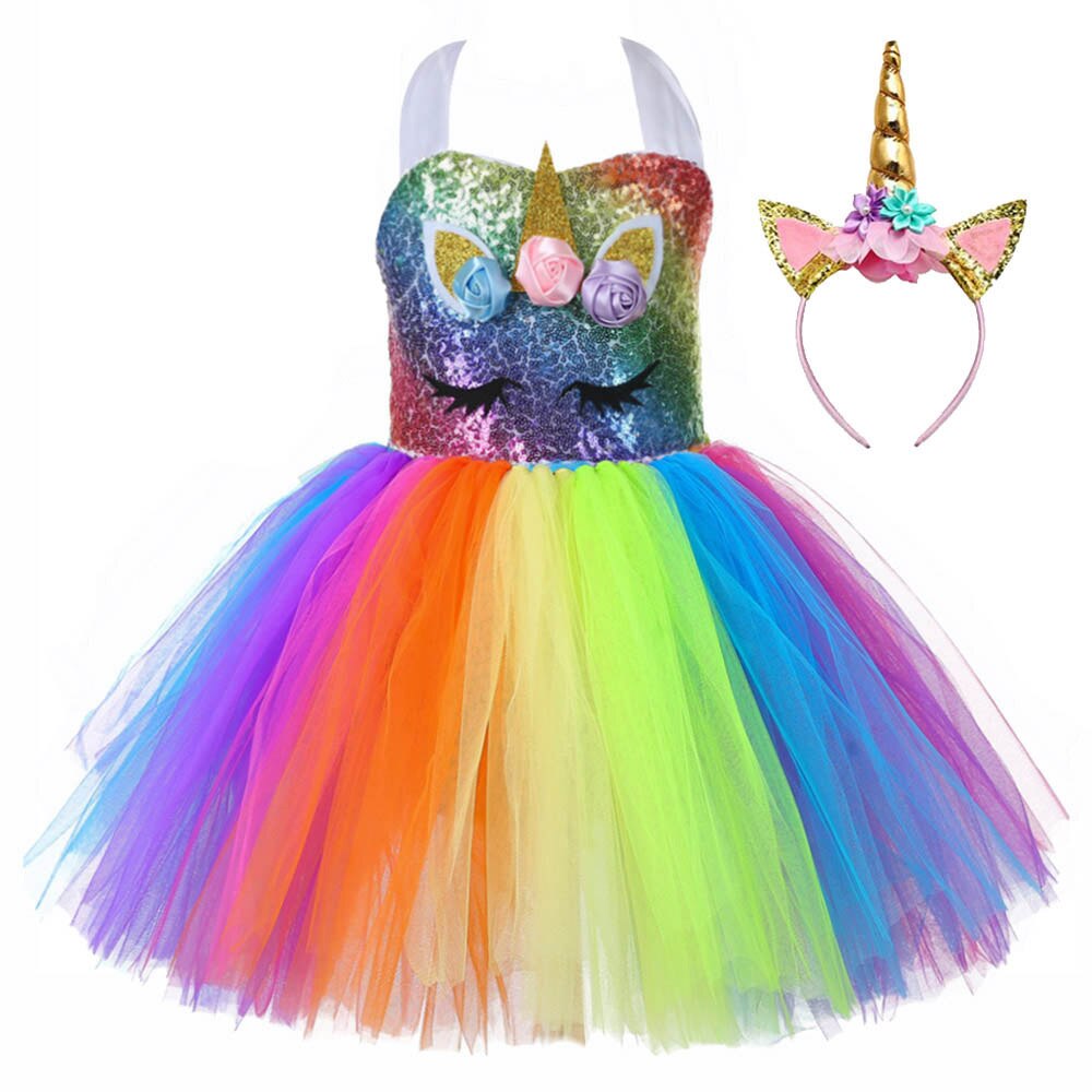 Cute Kids Girl Unicorn Birthday Party  Dress Rainbow Sequin Christmas Dress Baby Clothes - honeylives