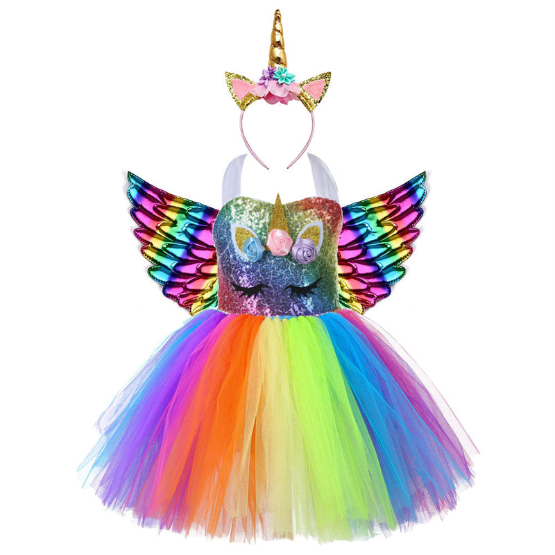 Cute Kids Girl Unicorn Birthday Party  Dress Rainbow Sequin Christmas Dress Baby Clothes - honeylives