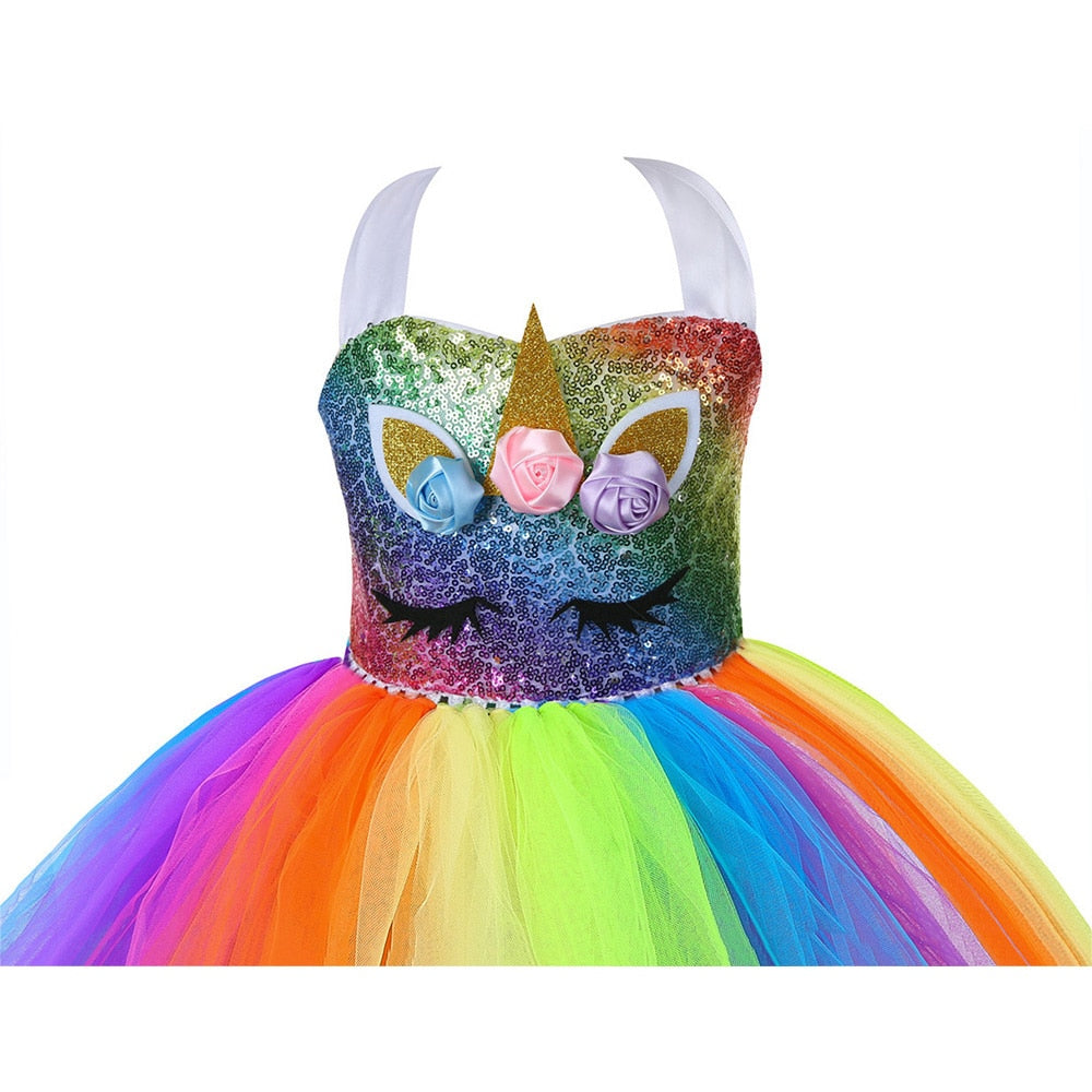 Cute Kids Girl Unicorn Birthday Party  Dress Rainbow Sequin Christmas Dress Baby Clothes - honeylives