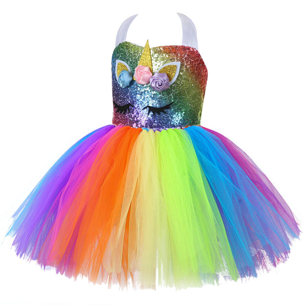 Cute Kids Girl Unicorn Birthday Party  Dress Rainbow Sequin Christmas Dress Baby Clothes - honeylives