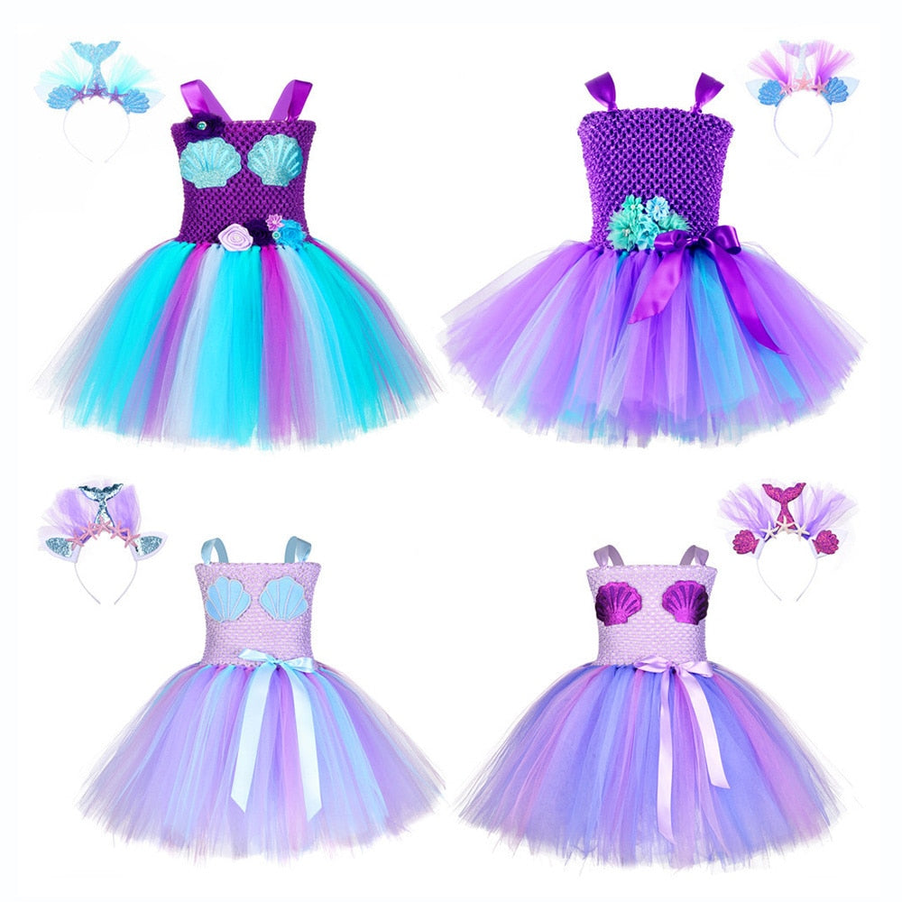 Cute Girl Mermaid Wedding Dresses Shell Pattern Christmas Princess Ariel Mermaid Unicorn Tutu Dress Headband Set - honeylives