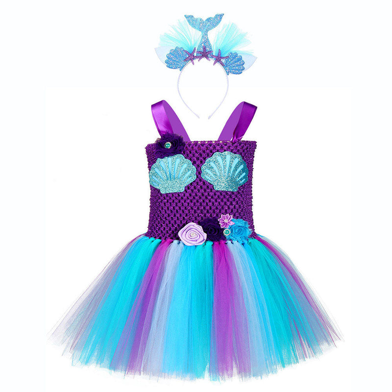 Cute Girl Mermaid Wedding Dresses Shell Pattern Christmas Princess Ariel Mermaid Unicorn Tutu Dress Headband Set - honeylives
