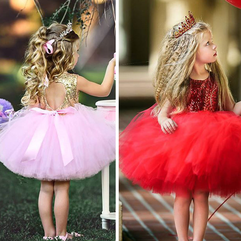 Girl Cute Princess Dress Birthday Party Sequin Formal Fluffy Cake Ball Gown - honeylives