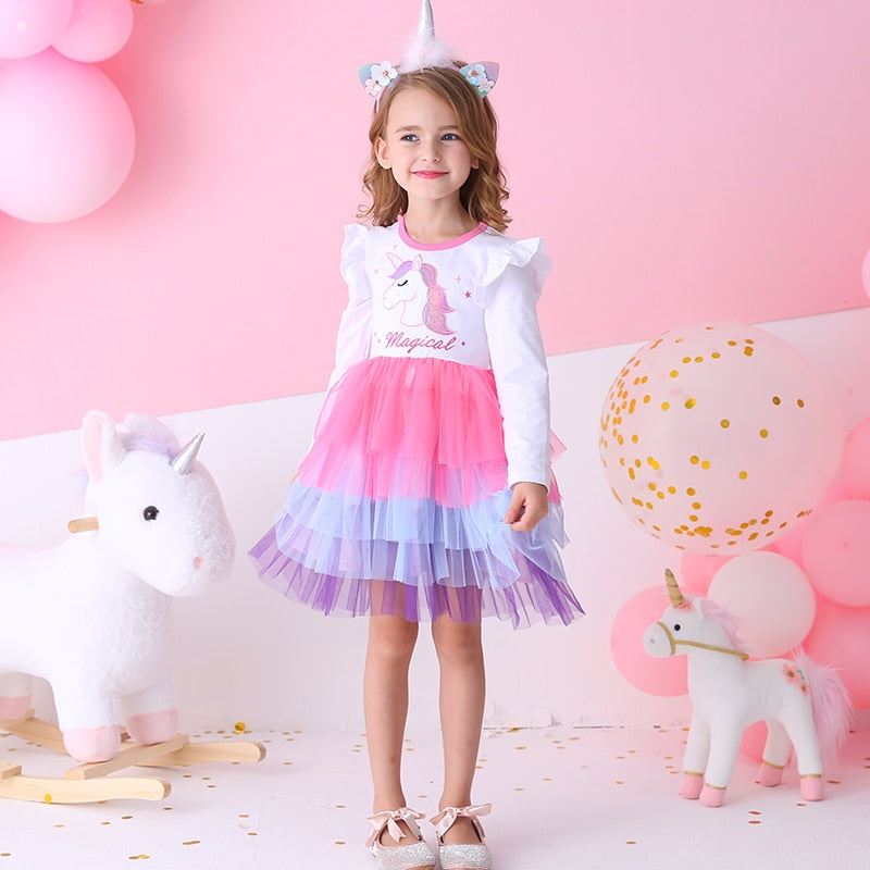 Girls Unicorn Winter Dresses Christmas Party Princess Patchwork Flying Sleeve Dress