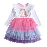 Girls Unicorn Winter Dresses Christmas Party Princess Patchwork Flying Sleeve Dress