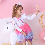 Girls Unicorn Winter Dresses Christmas Party Princess Patchwork Flying Sleeve Dress