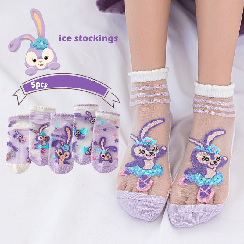 Kids Girls Cute Cartoon Printing Breathable Ice Stockings Crystal Socks