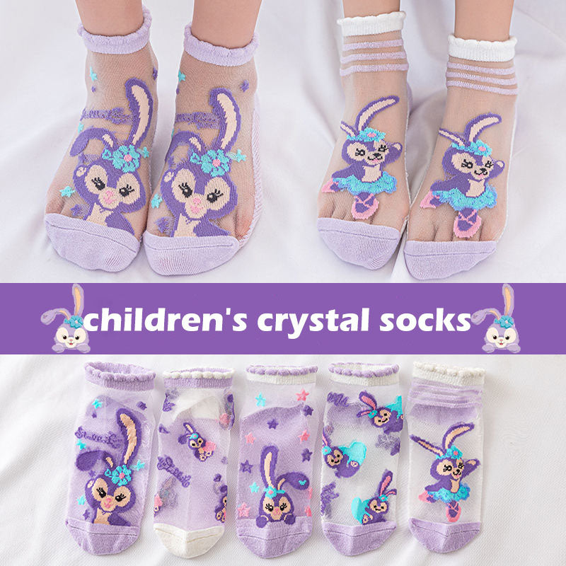 Kids Girls Cute Cartoon Printing Breathable Ice Stockings Crystal Socks