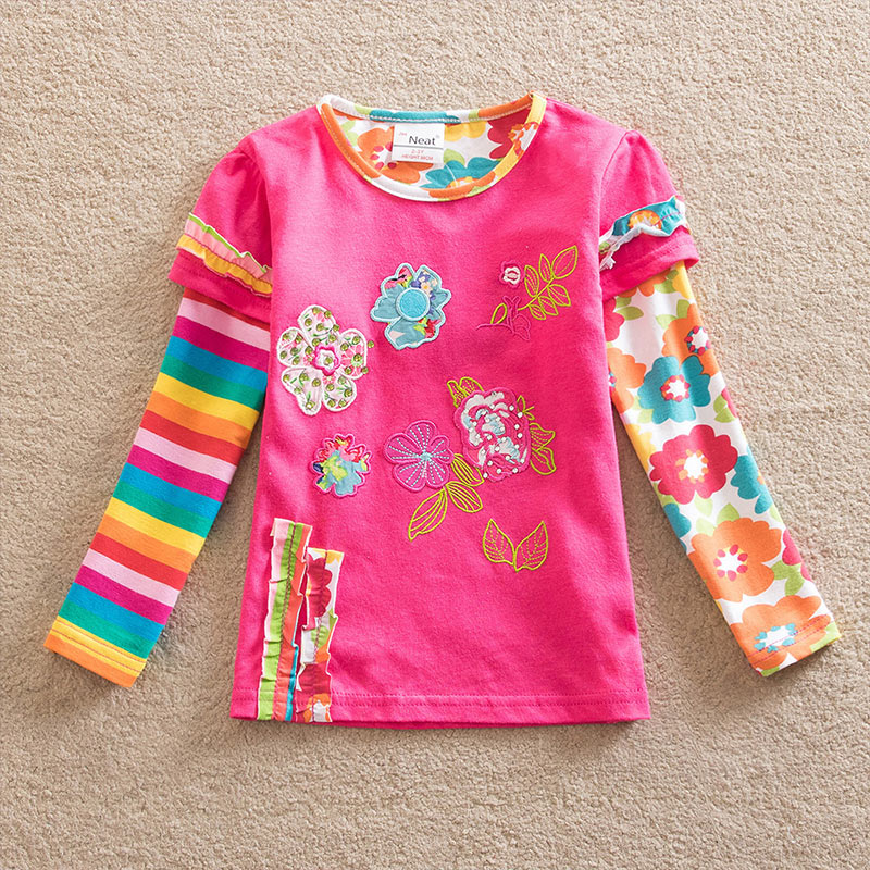 Girls Long Sleeve T-shirt Flower Tees Heart Appliques 2-8 Years