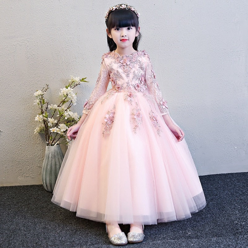 Girl Elegant Pink Tulle Flower Wedding Appliques Princess Party Prom Dress