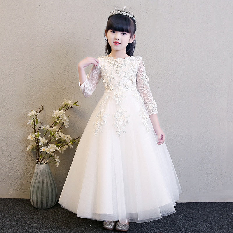 Girl Elegant Pink Tulle Flower Wedding Appliques Princess Party Prom Dress