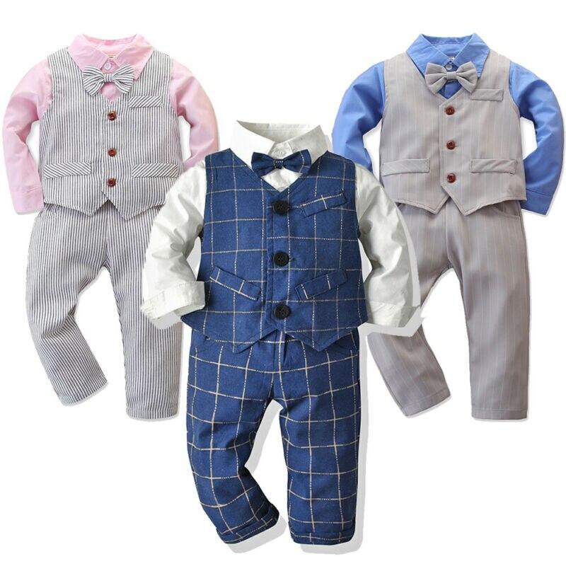 Kids Toddler Baby Boy Autumn Spring Long Sleeve Button Tie T-shirt Tops+Pants Gentleman Outfits 3PCS - honeylives
