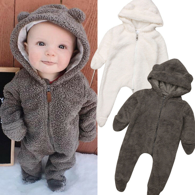 Newborn Baby Winter  Solid Color Soft Warm Fuzzy Hooded Romper Jumpsuit