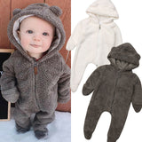 Newborn Baby Winter  Solid Color Soft Warm Fuzzy Hooded Romper Jumpsuit