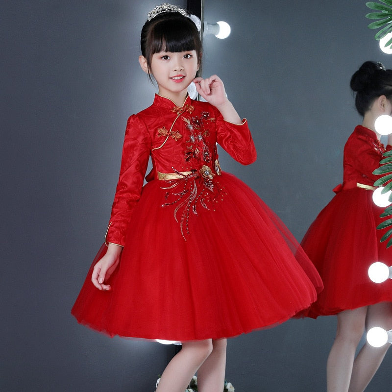 Exquisite Red Long Sleeves Flower little Girl Cheongsam Dress