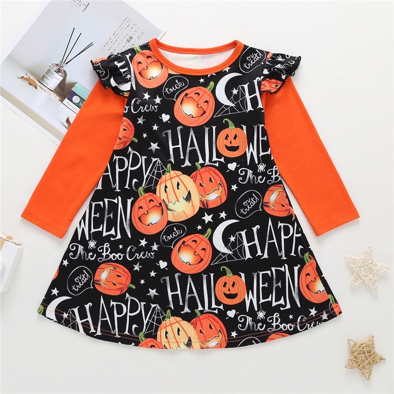 6M-6T Kids Baby Girl Halloween Pumpkin Printed Casual Dresses