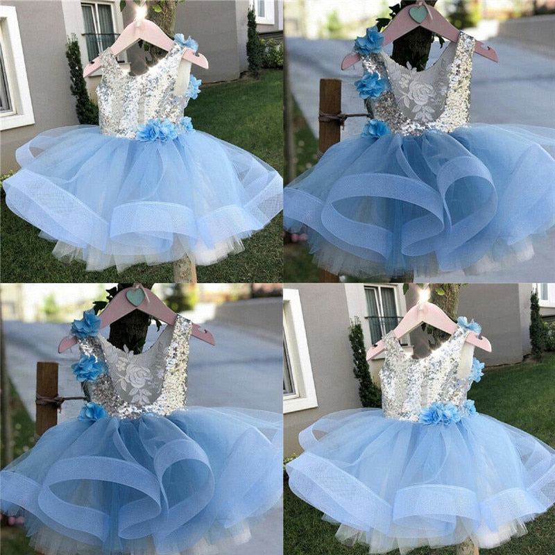 Fashion Kids Girl Sequined Lace Princess Birthday Sleeveless Backless Tutu Tulle Dress 2-7Y - honeylives
