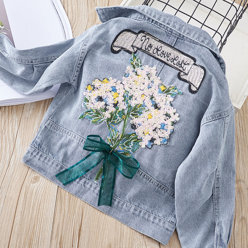 Spring Floral Appliques Kid Baby Girl Fashion Denim Jackets Coats