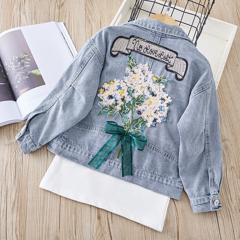 Spring Floral Appliques Kid Baby Girl Fashion Denim Jackets Coats