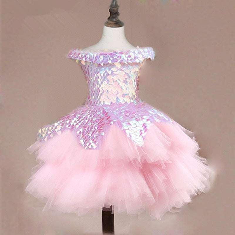 Kid Girl Wedding Bridemaid Mermaid Pink Tutu Sequin Elegant Dresses