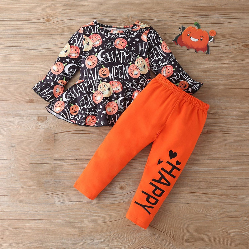 Kid Girl Fashion Autumn Happy Halloween Outfits 2 Pcs Set 1-6 Years