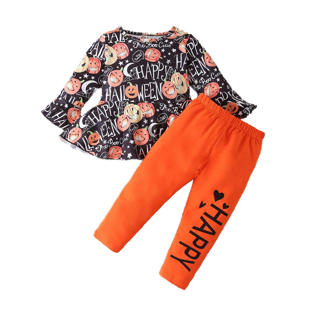 Kid Girl Fashion Autumn Happy Halloween Outfits 2 Pcs Set 1-6 Years