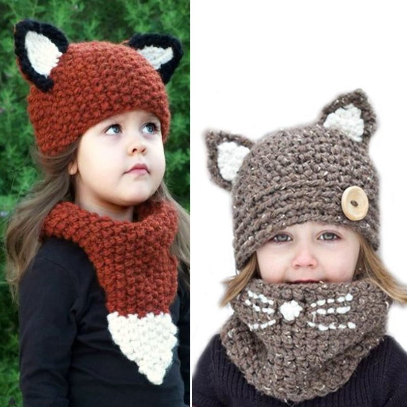 Kids Funny Cute Fox Handmade l Knitted Warm Winter Hat 2pcs/Set