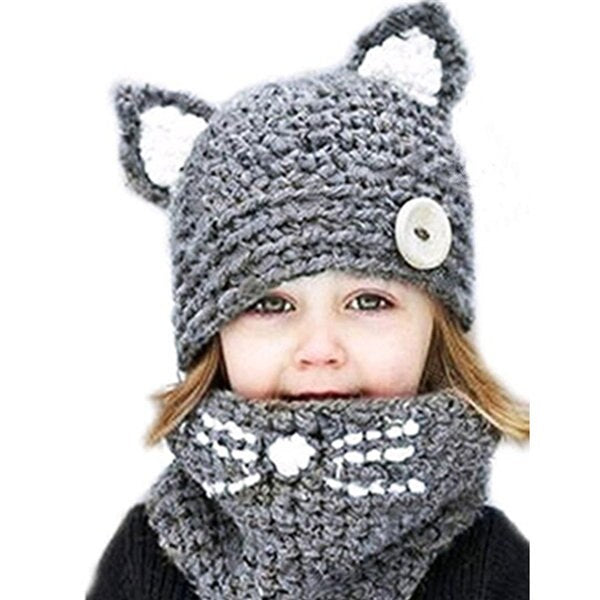 Kids Funny Cute Fox Handmade l Knitted Warm Winter Hat 2pcs/Set