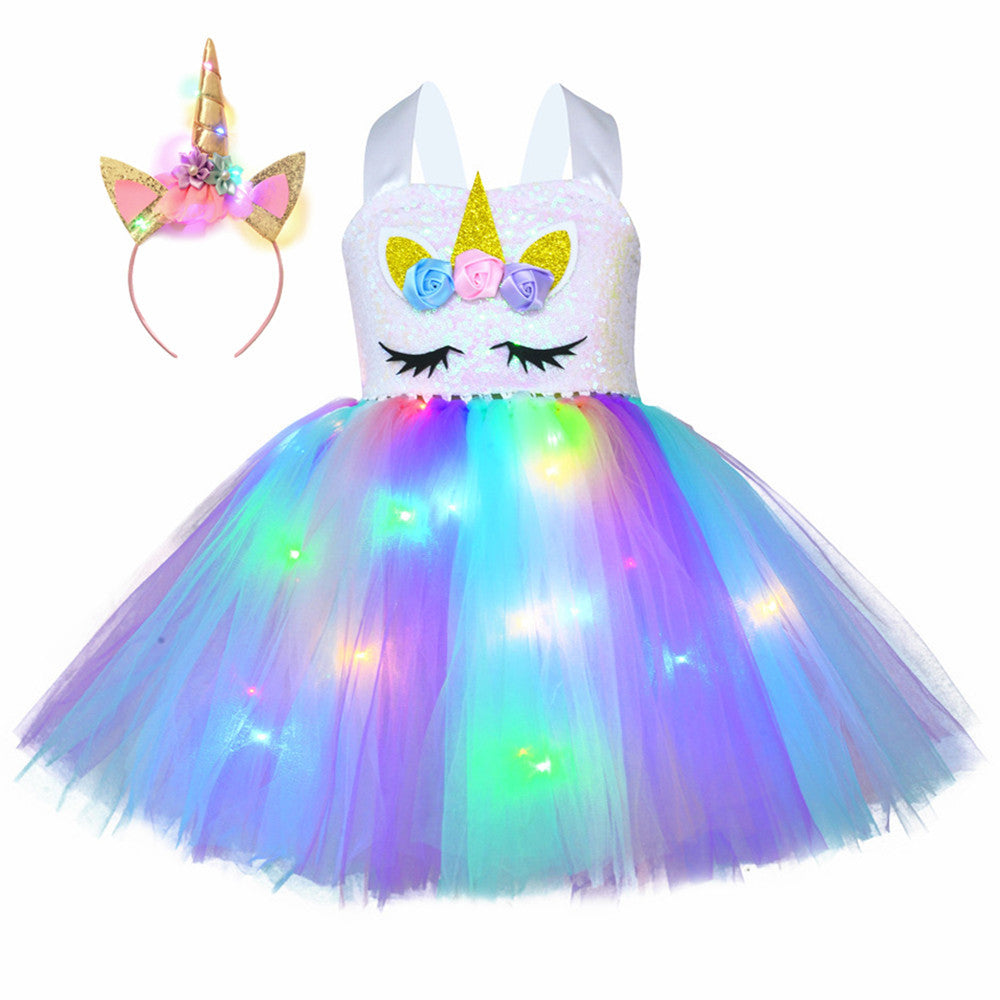 Kid Baby Girl Unicorn Tutu Princess Party With LED Lights Flower Dresses