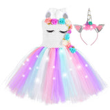 Kid Baby Girl Unicorn Tutu Princess Party With LED Lights Flower Dresses