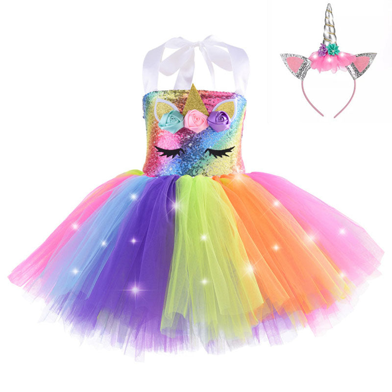 Kid Baby Girl Unicorn Tutu Princess Party With LED Lights Flower Dresses