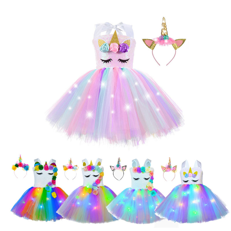 Kid Baby Girl Unicorn Tutu Princess Party With LED Lights Flower Dresses