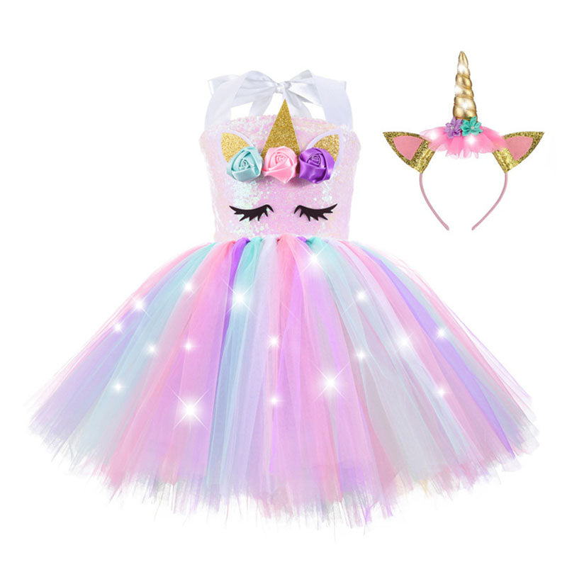 Kid Baby Girl Unicorn Tutu Princess Party With LED Lights Flower Dresses