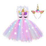 Kid Baby Girl Unicorn Tutu Princess Party With LED Lights Flower Dresses