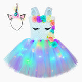 Kid Baby Girl Unicorn Tutu Princess Party With LED Lights Flower Dresses