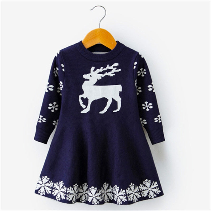 Girls Christmas Dress Full Sleeve Snowflake Print Reindeer Christmas Costume 3-8 Years