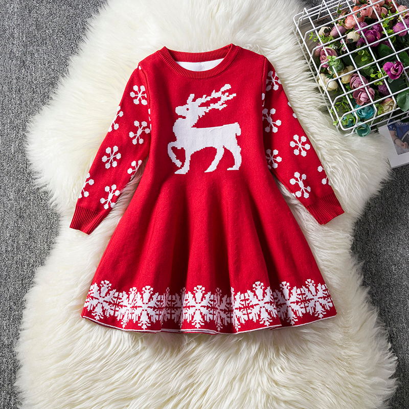 Girls Christmas Dress Full Sleeve Snowflake Print Reindeer Christmas Costume 3-8 Years