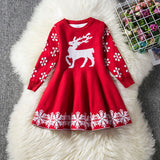 Girls Christmas Dress Full Sleeve Snowflake Print Reindeer Christmas Costume 3-8 Years