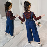 Girls Denim Bib Pants +Plaid Tops 2 Pcs Suits 3-16 Years